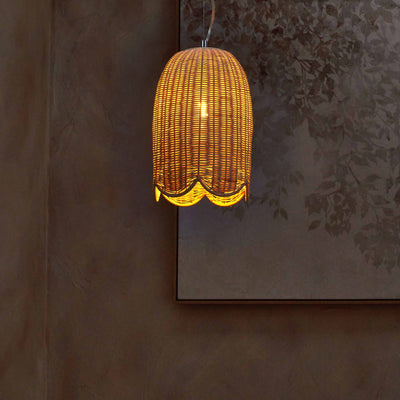 Avra Natural Rattan Tall Scalloped Dome Pendant