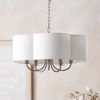 Mariana 5 Arm Matt Antique Brass and White Scallop Shaded Pendant