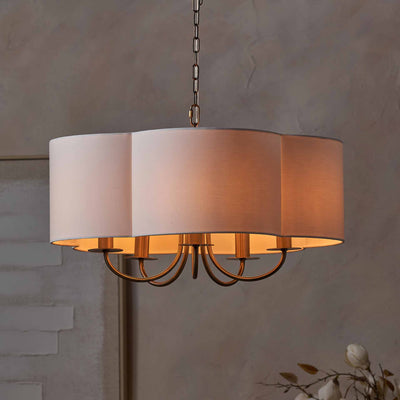 Mariana 5 Arm Matt Antique Brass and White Scallop Shaded Pendant