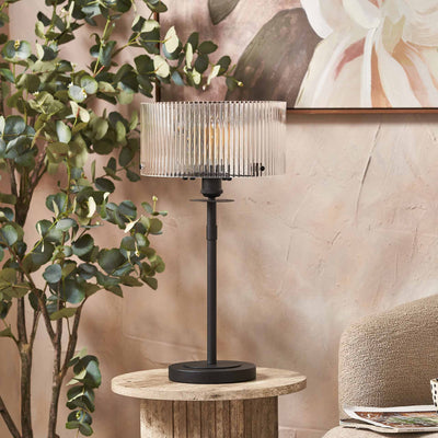 Athena Ribbed Glass Black Metal Round Table Lamp