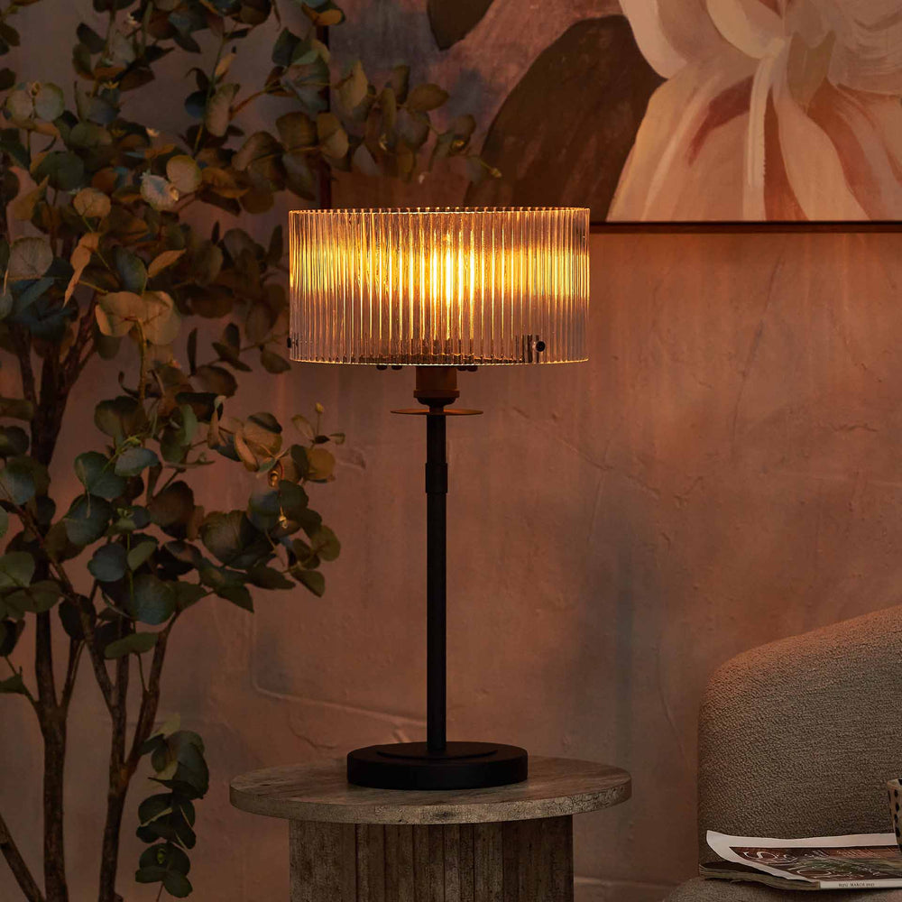 Athena Ribbed Glass Black Metal Round Table Lamp