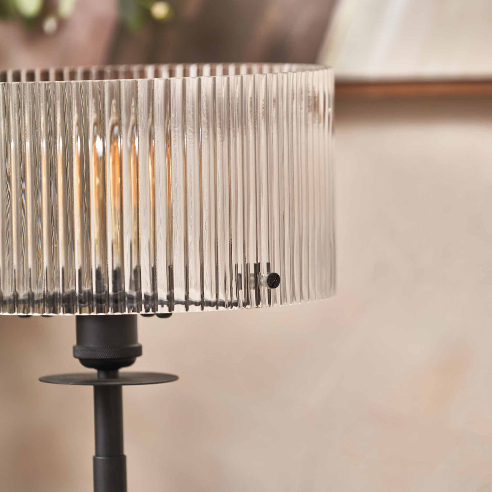 Athena Ribbed Glass Black Metal Round Table Lamp