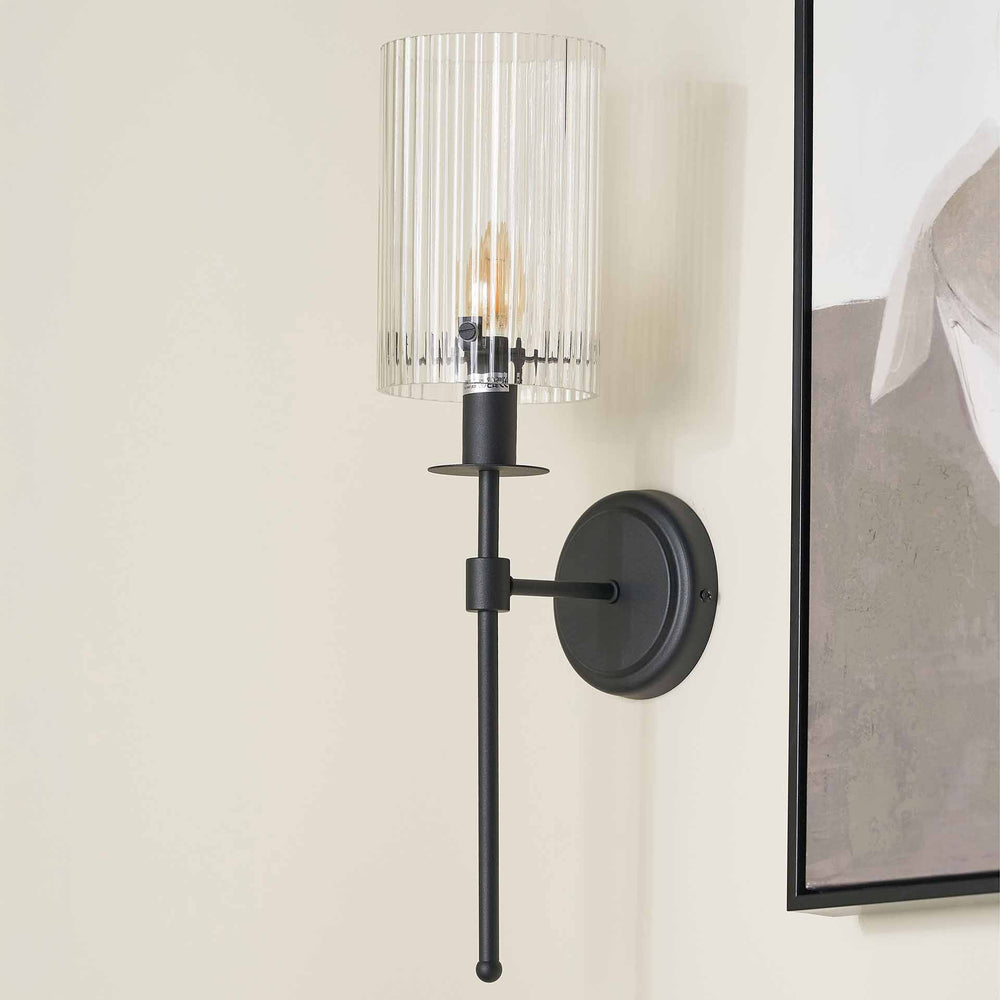 Athena Ribbed Glass Black Metal Cylinder Wall Light