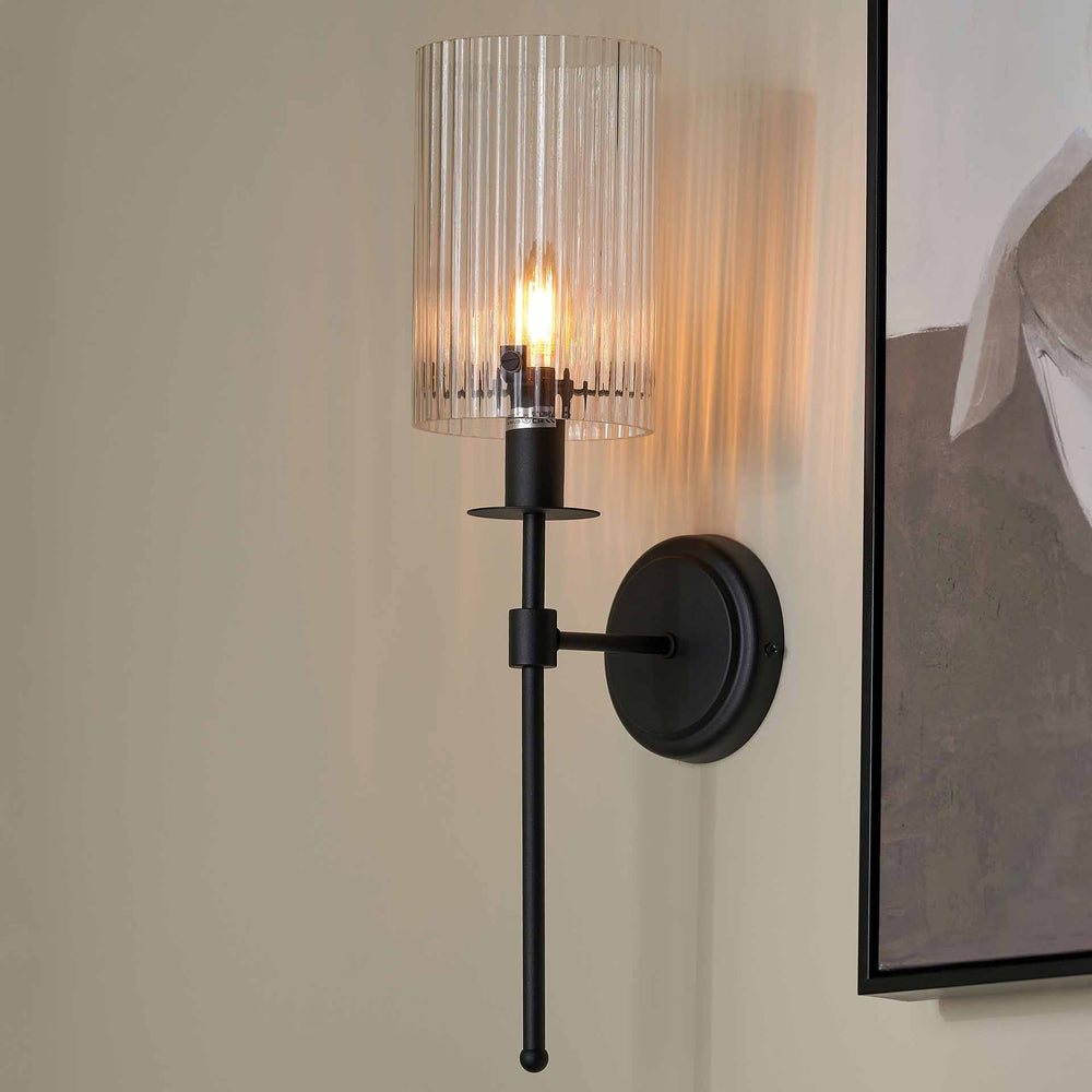 Athena Ribbed Glass Black Metal Cylinder Wall Light