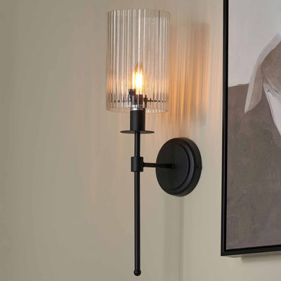 Athena Ribbed Glass Black Metal Cylinder Wall Light