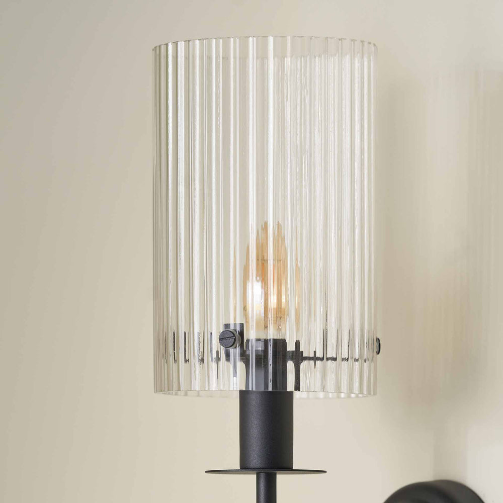 Athena Ribbed Glass Black Metal Cylinder Wall Light