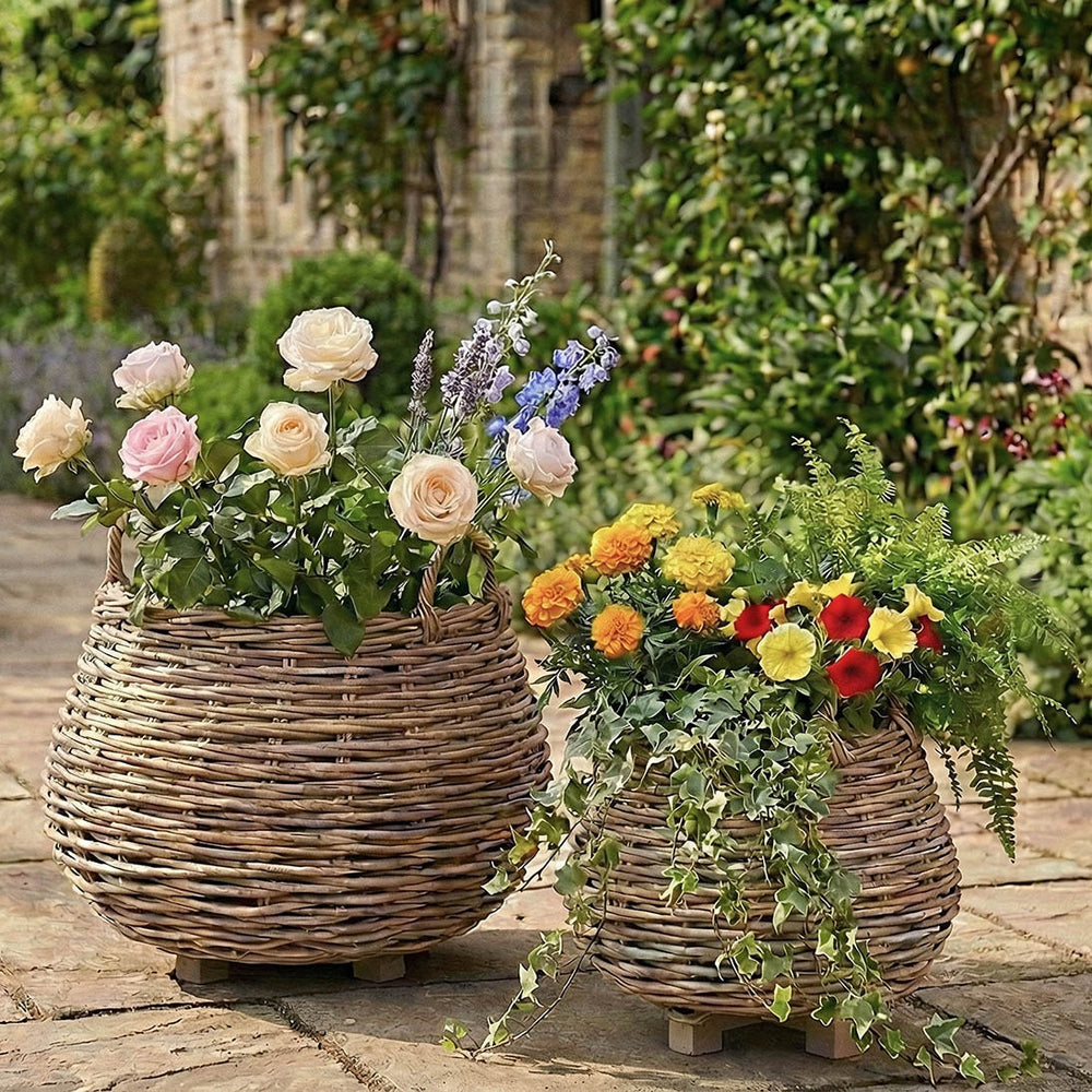 Bayan Indoor Outdoor Grey Kubu Bulbous Basket Planters S/2