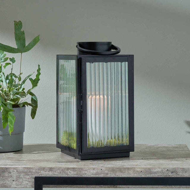 Jones Black & Ribbed Glass Lanterns S/2