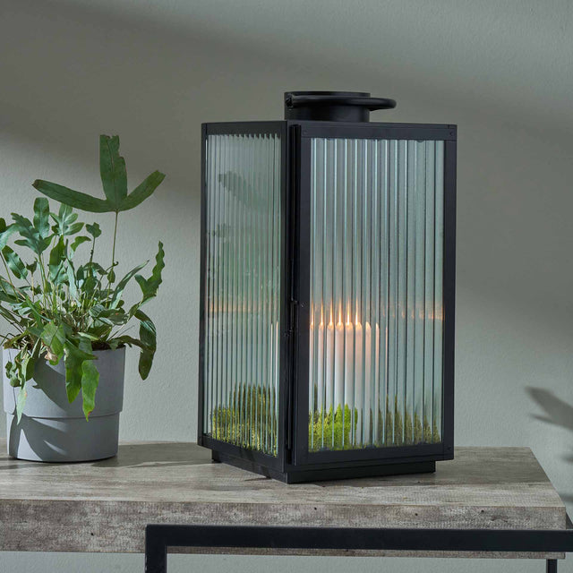 Jones Black & Ribbed Glass Lanterns S/2