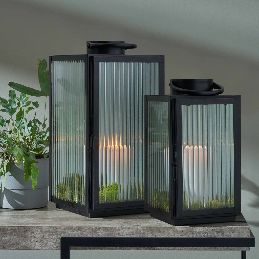 Jones Black & Ribbed Glass Lanterns S/2 | Home Accents
