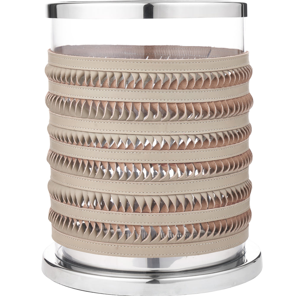 Thea Clear Glass and Grey Leather Small Hurricane Lantern