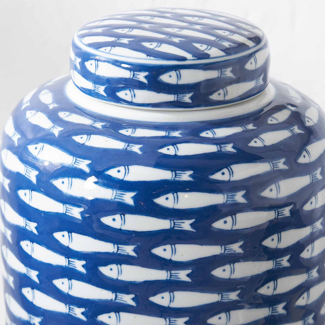 Reef Blue & White Ceramic Fish Detail Lidded Ginger Jar