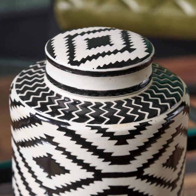 Chimalli Black & White Ceramic Aztec Design Lidded Ginger Jar