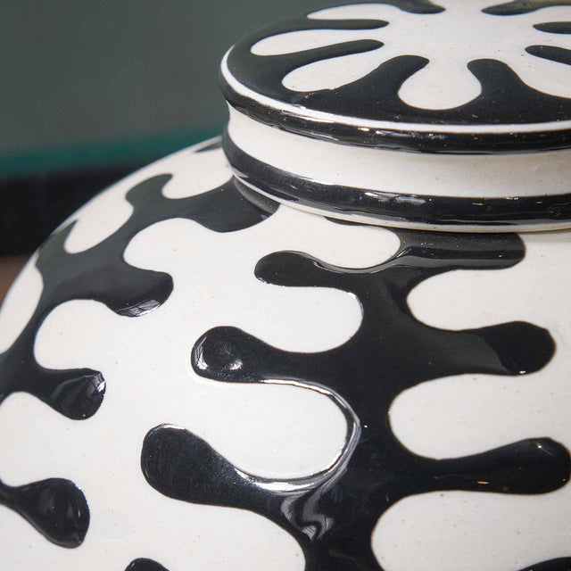 Elka Black & White Ceramic Coral Design Lidded Ginger Jar