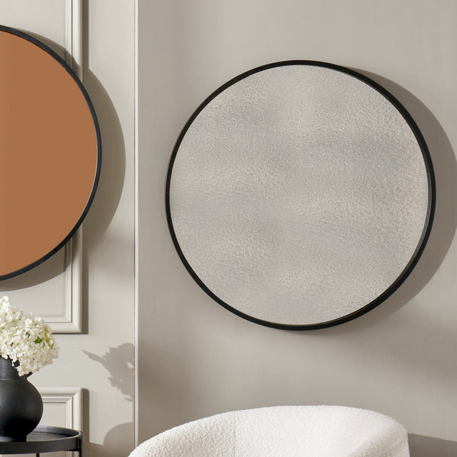 Addison Matt Black Wood Round Mirror w/Foxed Glass