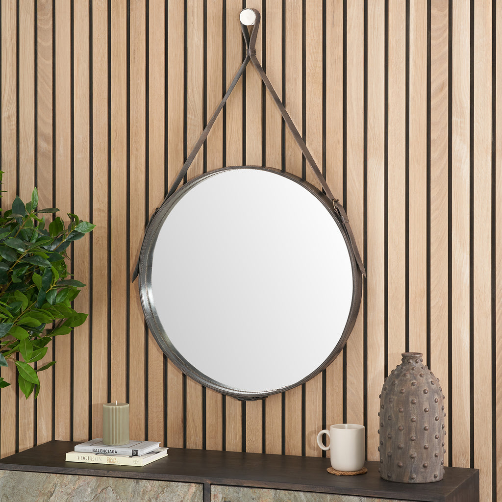 Otto Peppercorn Leather Frame Round Wall Mirror | Home Accents