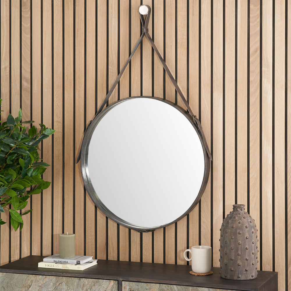 Otto Peppercorn Leather Frame Round Wall Mirror