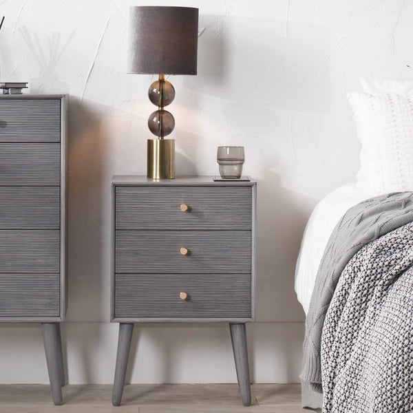 Grey Pine Wood 3 Drawer Bedside Table Furniture