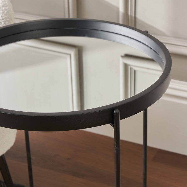 Minori Mirrored Glass & Black Wood Side Table