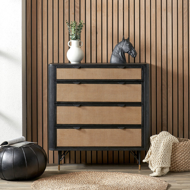 Nawi Black and Natural Rattan 4 Drawer Unit