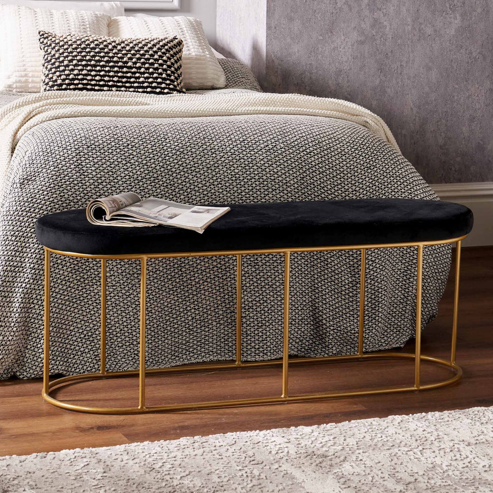 Malena Black Velvet Bench with Gold Metal Frame