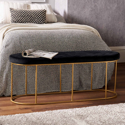 Malena Black Velvet Bench with Gold Metal Frame