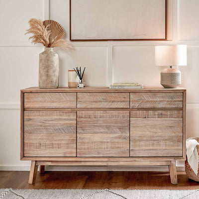 Herning Sand Wash Acacia Wood 3 Drawer 3 Door Sideboard