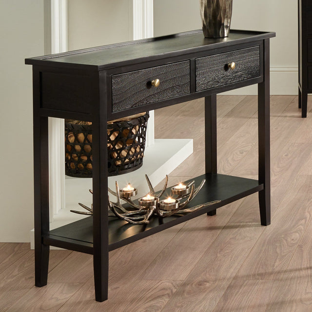 Ruma Satin Black Pine Wood 2 Drawer Console Table | Furniture | Ruma