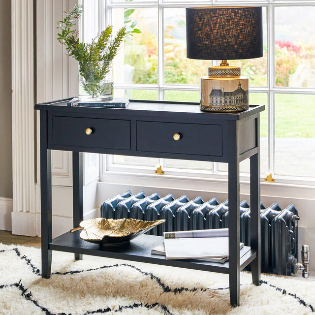 Ruma Satin Black Pine Wood 2 Drawer Console Table | Furniture | Ruma