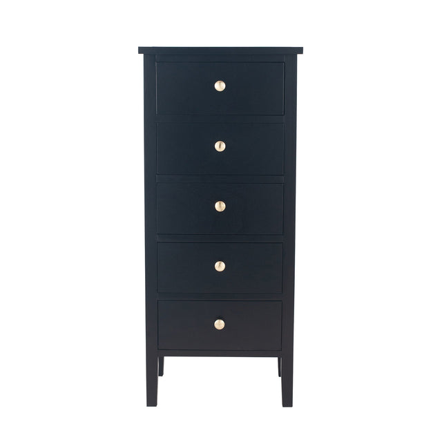 Ruma Satin Black Pine Wood 5 Drawer Tall Boy | Furniture | Rūma