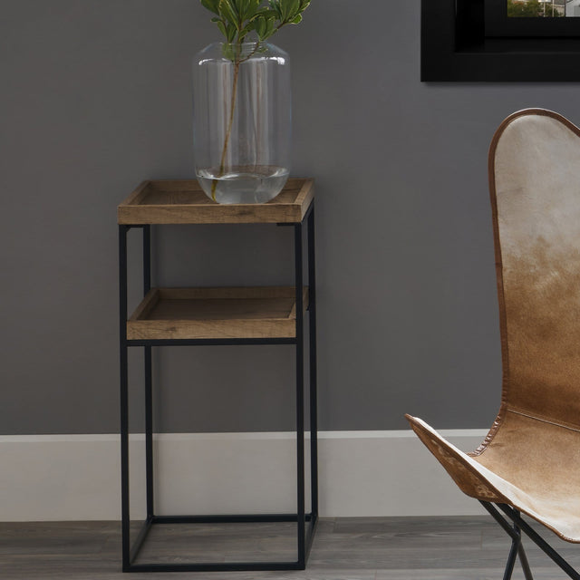 Ruma Natural Wood Veneer and Black Metal Side Table | Furniture | Rūma