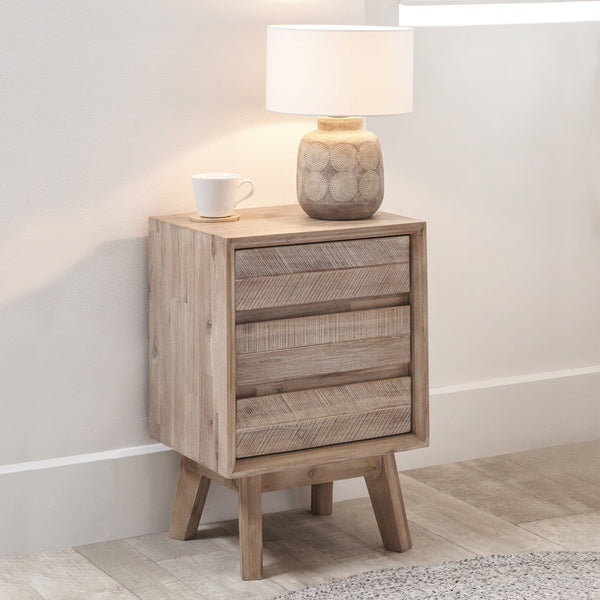 Sand Wash Acacia Wood 3 Drawer Bedside Unit Furniture Ruma