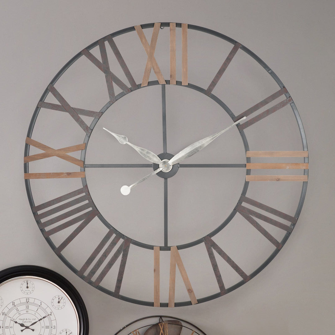 Grey Metal & Wood Round Skeleton Wall Clock Home Accents Ruma