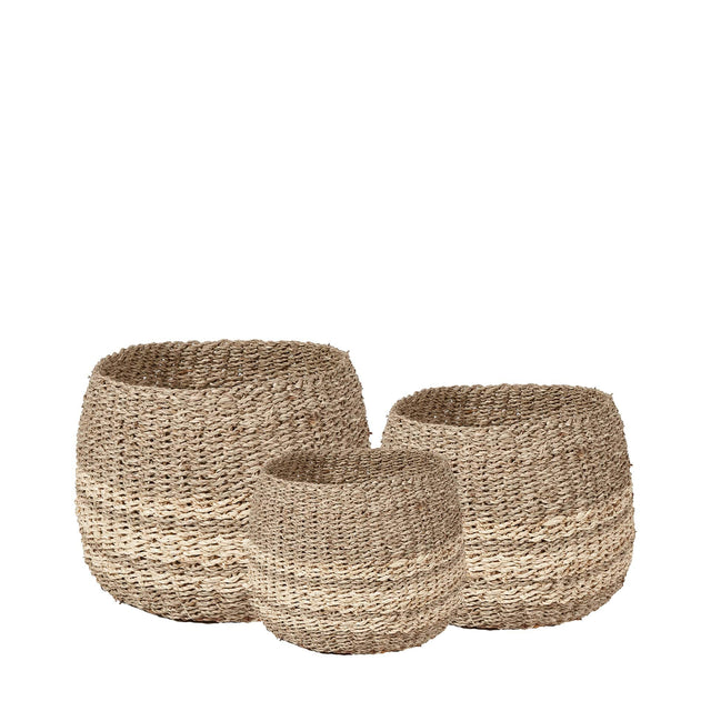 Ruma Woven 2-Tone S/3 Natural Seagrass and Palm Leaf Round Baskets | Home Accents | Rūma