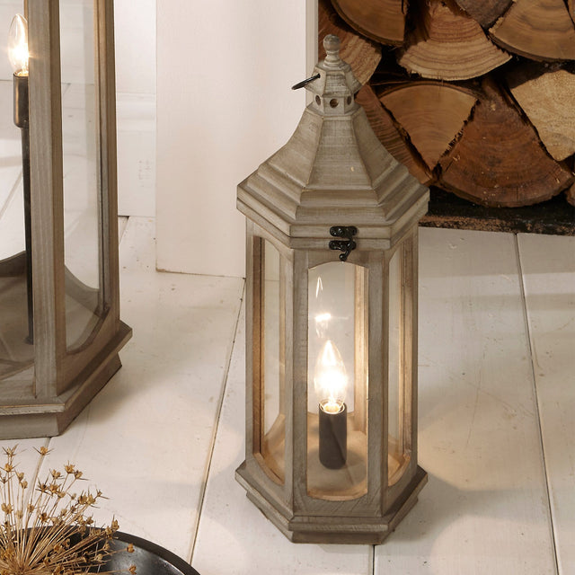Ruma Antique Grey Wood Lantern Table Lamp | Table Lamps | Rūma