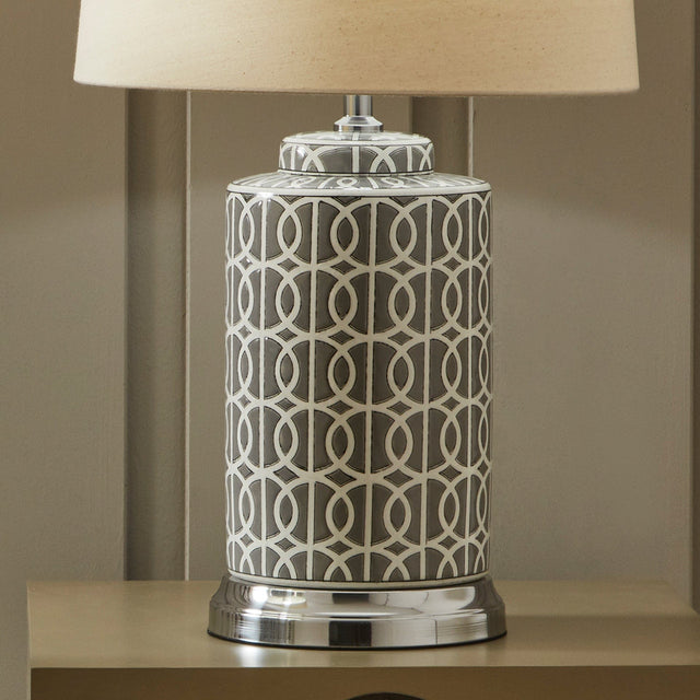 Ruma Tall Grey and White Geo Pattern Table Lamp | Lighting | Rūma