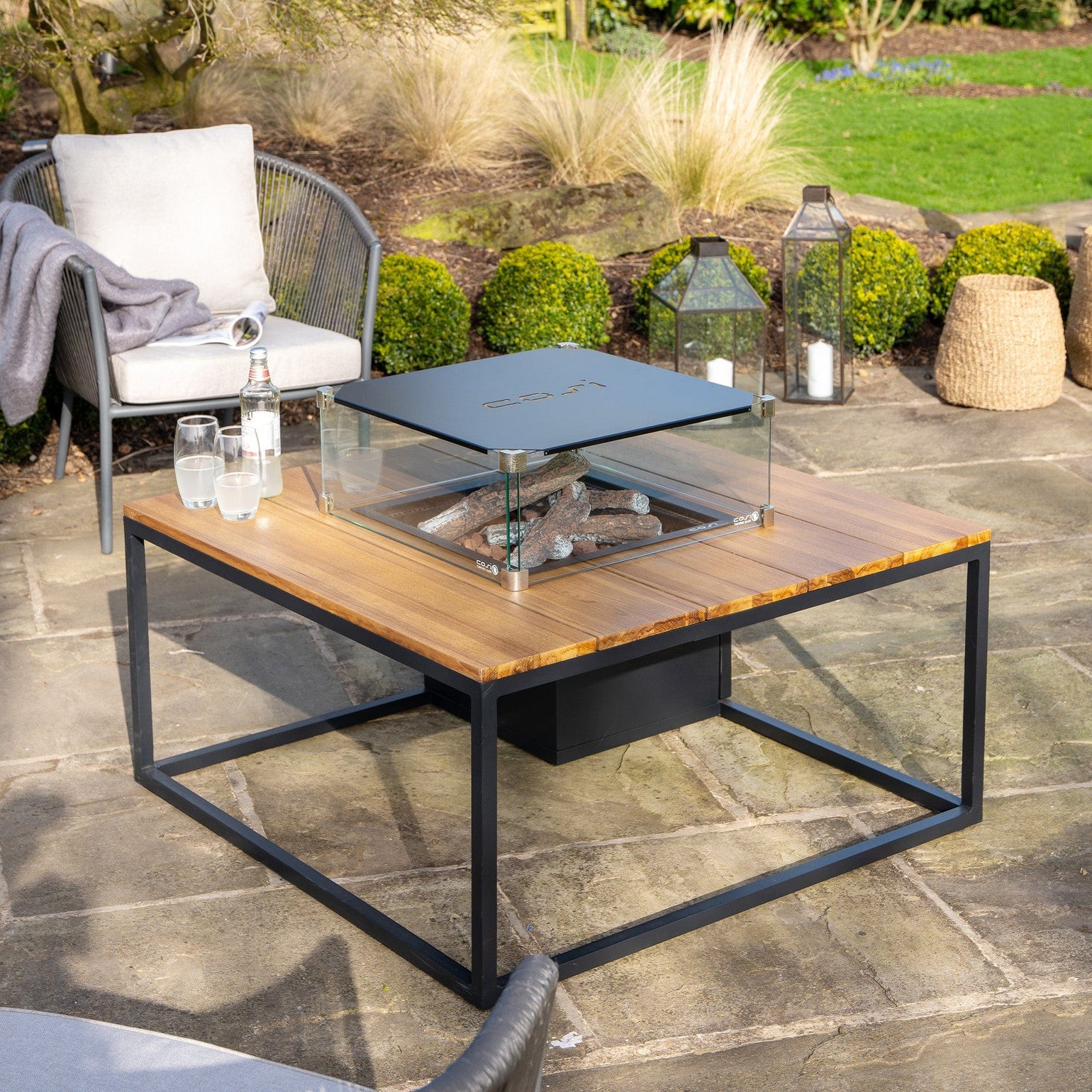 Cosiloft Black & Teak Square Coffee Table Fire Pit Ruma