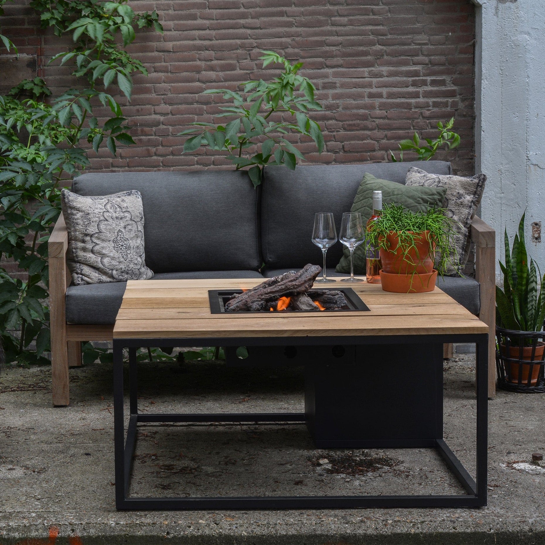 Cosiloft Black & Teak Square Coffee Table Fire Pit Ruma