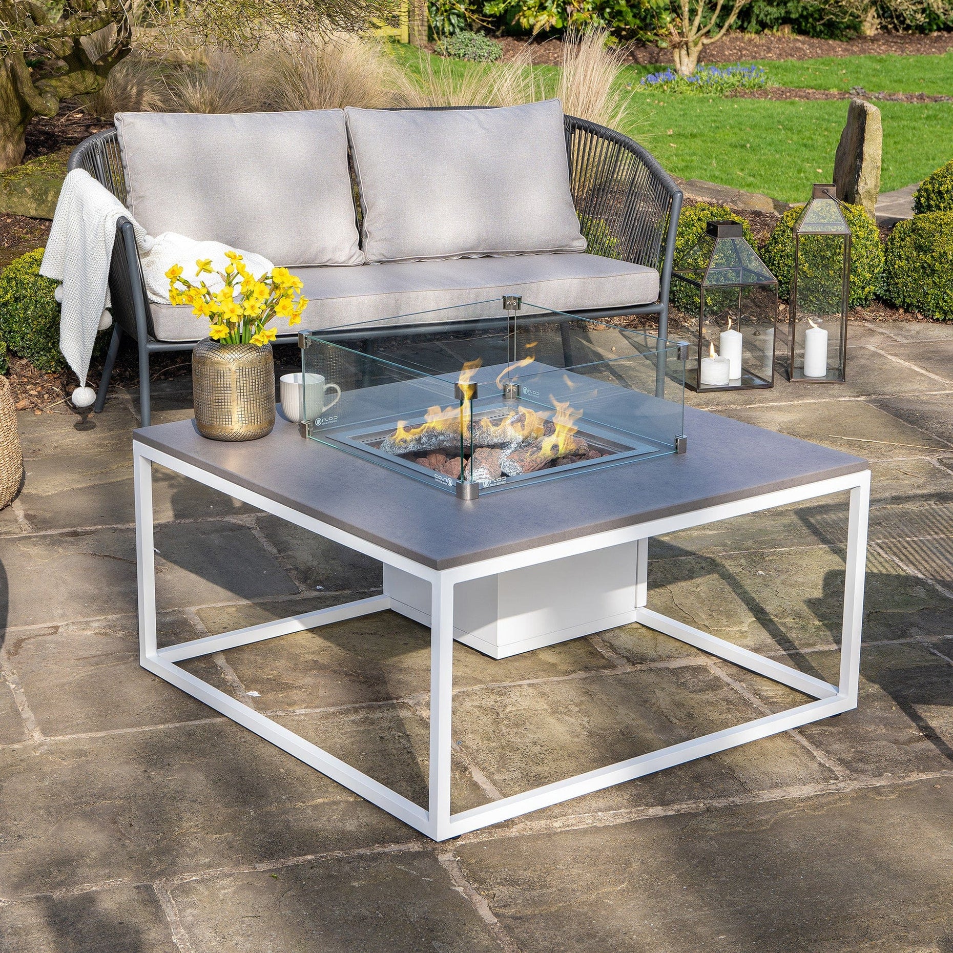 White & Grey Square Coffee Table Fire Pit | Outdoor