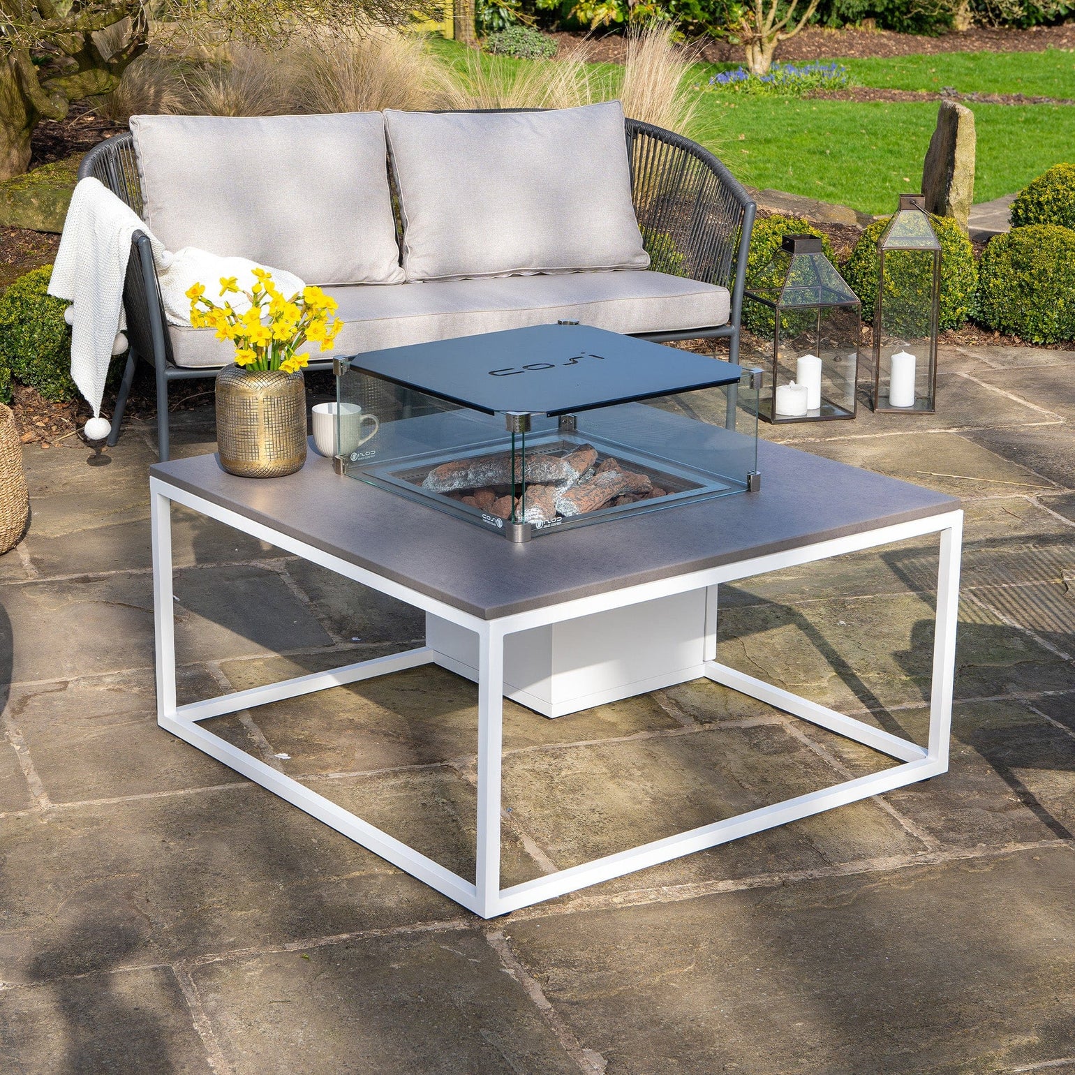 White & Grey Square Coffee Table Fire Pit | Outdoor