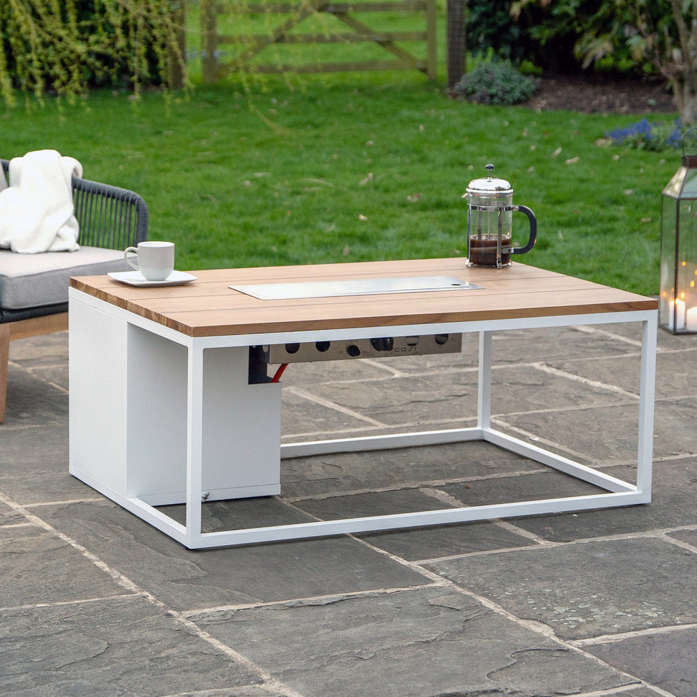 Ruma White & Teak Rectangular Coffee Table Fire Pit | Outdoor | Rūma