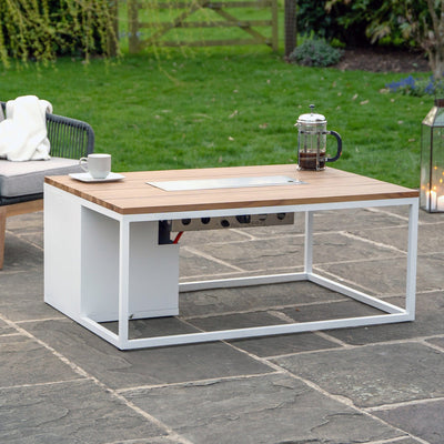 Ruma White & Teak Rectangular Coffee Table Fire Pit | Outdoor | Rūma
