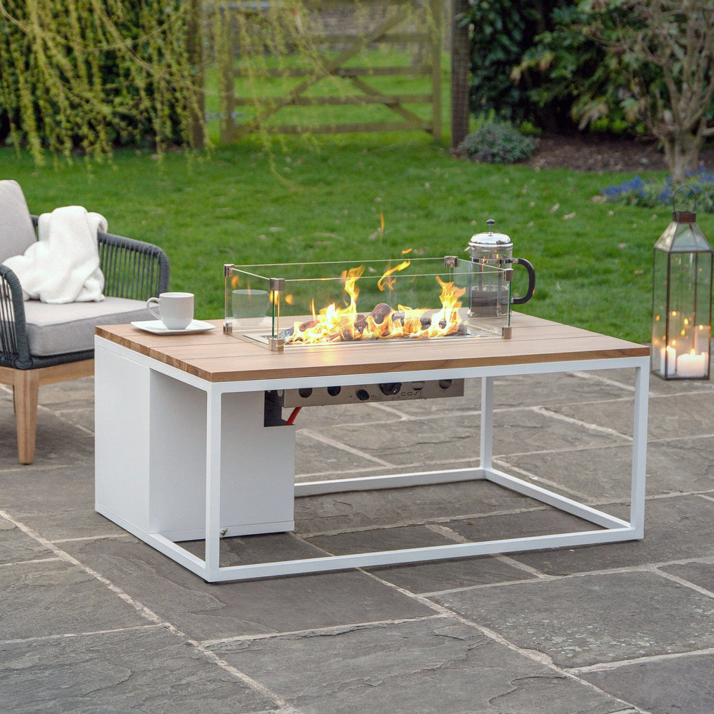 Ruma White & Teak Rectangular Coffee Table Fire Pit | Outdoor | Rūma