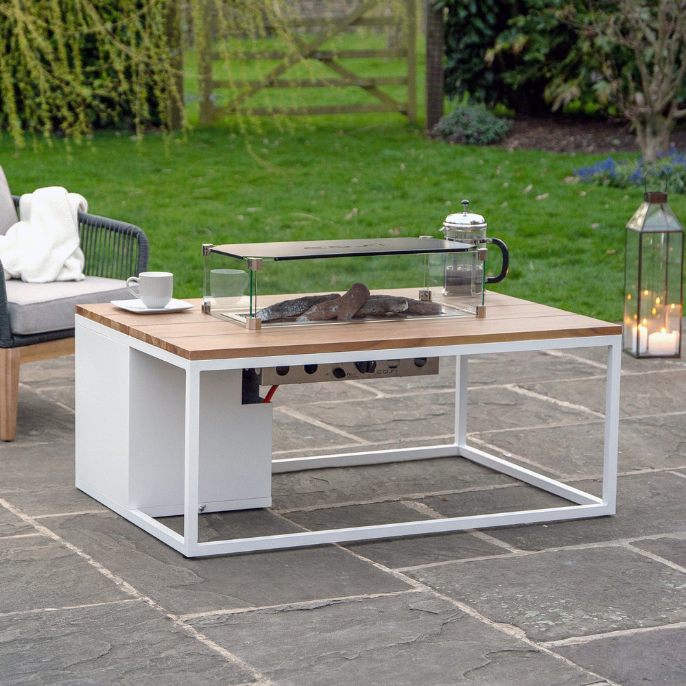 Ruma White & Teak Rectangular Coffee Table Fire Pit | Outdoor | Rūma