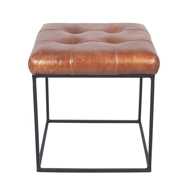 Ruma Vintage Brown Leather & Iron Buttoned Stool | Seating | Rūma