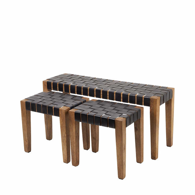 Ruma Black Woven Leather & Wood Set of 3 Bench & Stools | Furniture | Rūma