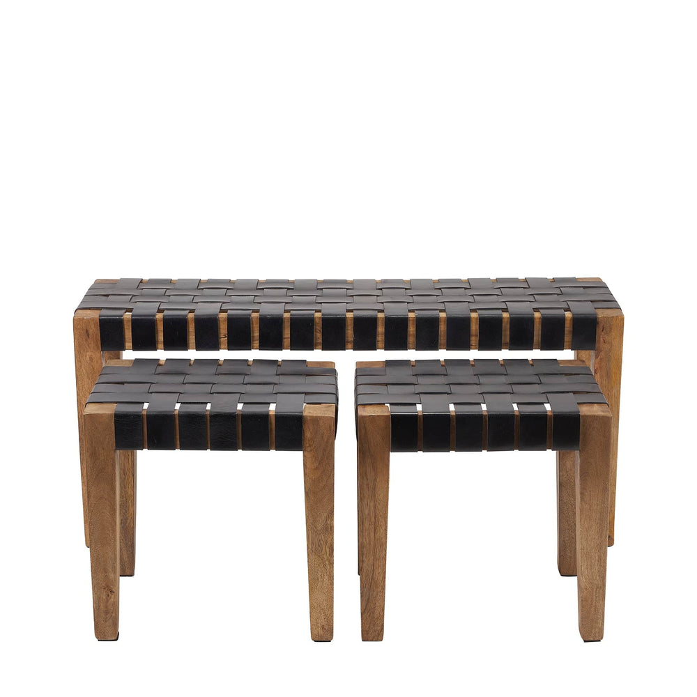 Ruma Black Woven Leather & Wood Set of 3 Bench & Stools | Furniture | Rūma