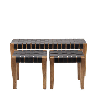 Ruma Black Woven Leather & Wood Set of 3 Bench & Stools | Furniture | Rūma