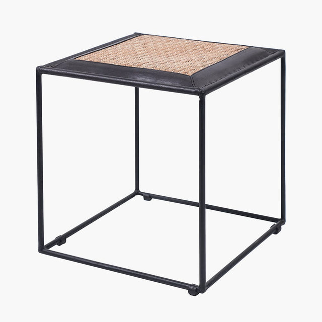 Ruma Black Leather and Woven Rattan Stool | Furniture | Rūma