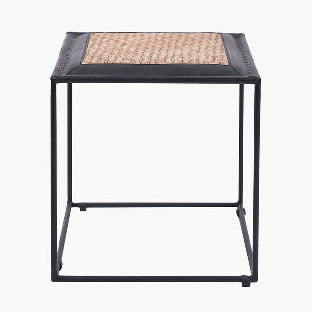 Ruma Black Leather and Woven Rattan Stool | Furniture | Rūma